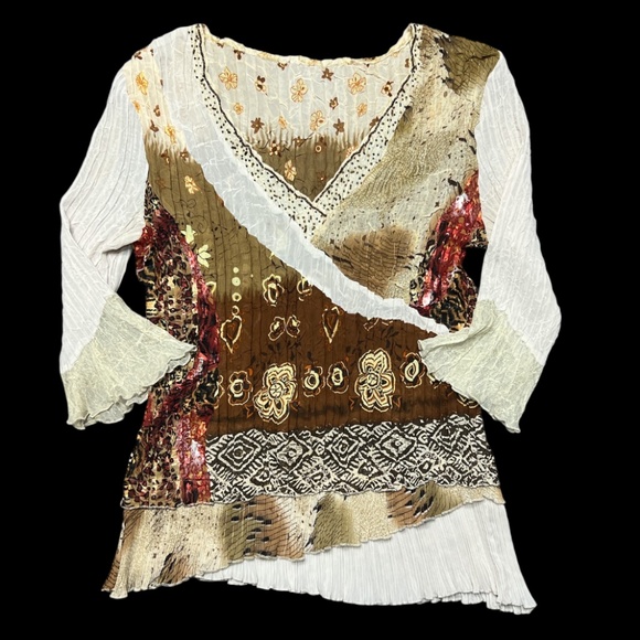 Alberto Makali Tops - Alberto Makali Top Blouse Large Floral Layers Silky Shimmery Stretch Tan Crinkle